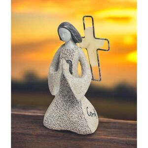 Vintage Art Stone Figure By Carson Home Accents "Comfort" W Cross Crucifix 4"